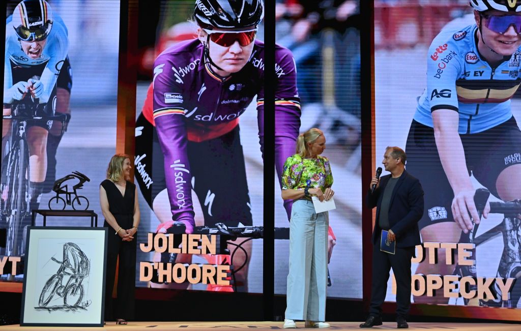 Jolien DHoore Ann Wauters and Sports journalist Karl Vannieuwkerke pictured during the Flandrien award ceremony for the best Belgian cyclist of the 2021 cycling season organized by newspaper Het Nieuwsblad in Puurs on Tuesday 26 October 2021BELGA PHOTO DAVID STOCKMAN Photo by DAVID STOCKMANBELGA MAGAFP via Getty Images