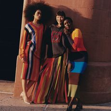 J.Crew and Christopher John Rogers models wearing colorful knit striped set, skirt, and dress