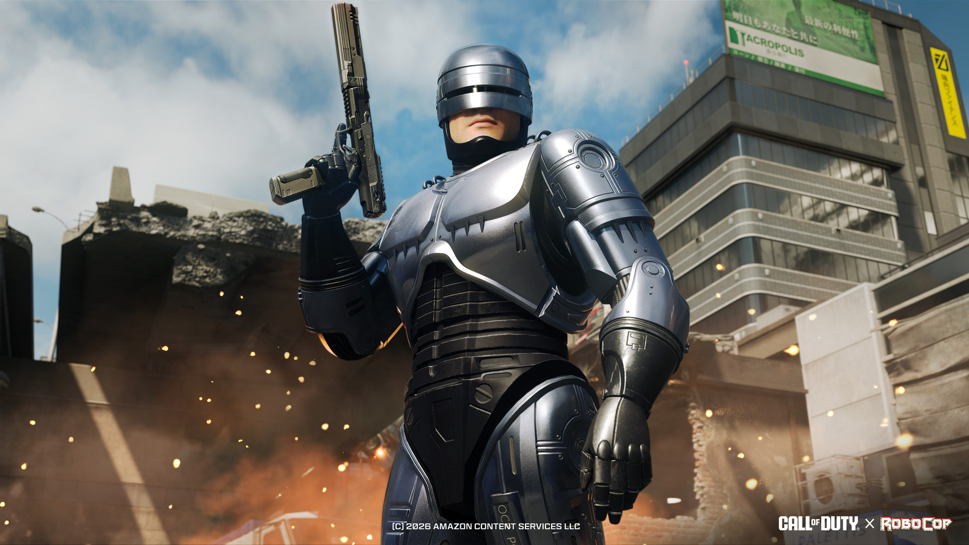 A promotional screenshot of RoboCop appearing in Call of Duty: Black Ops 7 and Warzone.