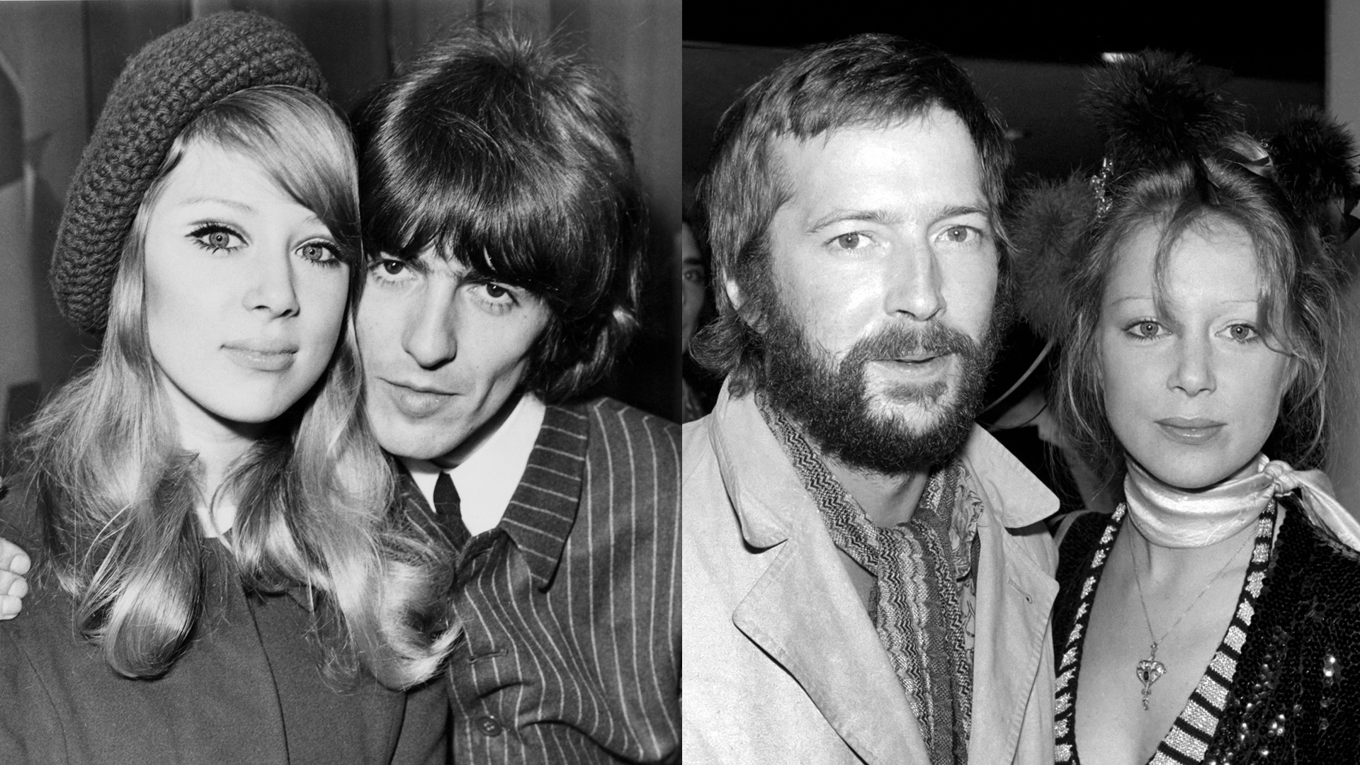 LEFT: George Harrison and Pattie Boyd, at a press reception at the headquarters of NEMS Enterprises in the West End of London, the day after their wedding, 22nd January 1966. RIGHT: Eric Clapton and Pattie Boyd attend the premiere of the Ken Russell film 'Tommy' at the Leicester Sq. Theatre March 1975
