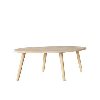 coffee table with oval shape and wooden table top and legs