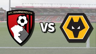 The AFC Bournemouth and Wolverhampton Wanderers club badges on top of a photo of the Vitality Stadium in Bournemouth, England