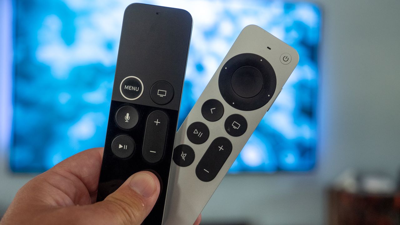 Remote controls from the 2017 and 2021 Apple TV 4K.