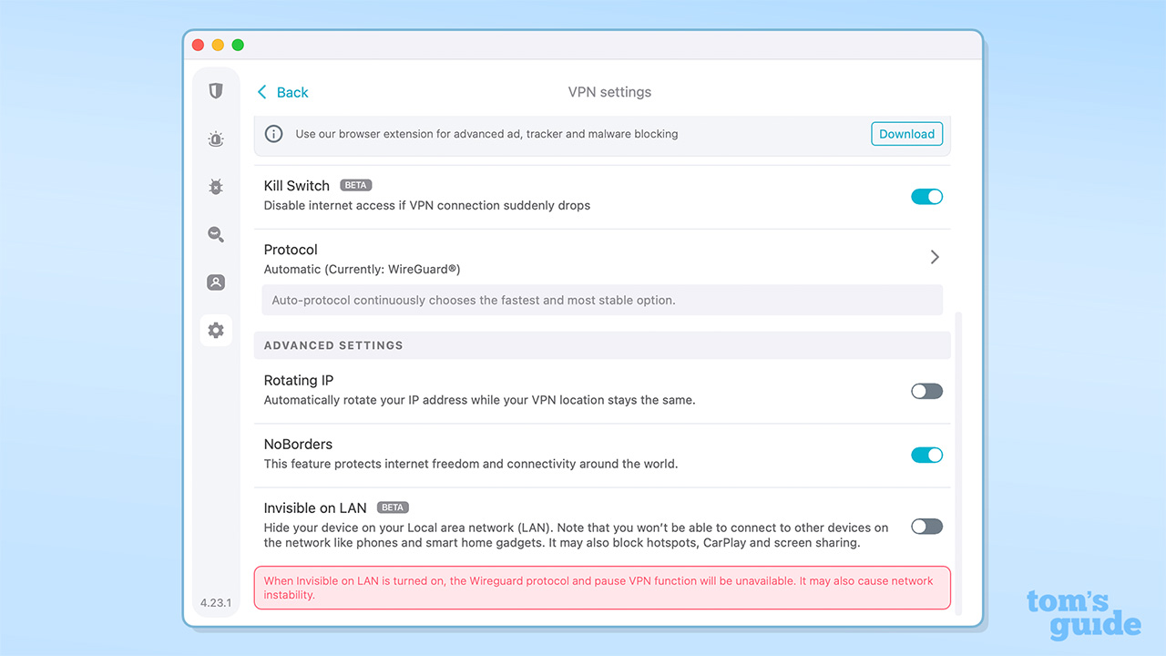 Screengrab of Surfshark&#039;s setting page, showing the kill switch, NoBorders mode, rotating IP, and invisible on LAN