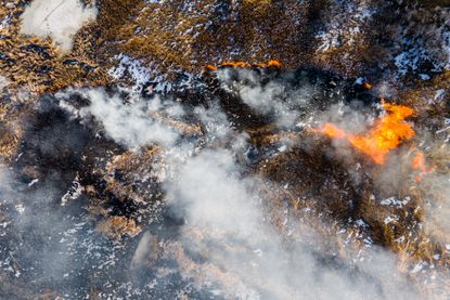 Aerial view of wildfire on a field. Burning grass and huge clouds of smoke