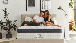 A couple and their dog sitting on a Brentwood Home mattress in their room