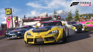 Forza Horizon 6 gameplay shows drivers speeding out of the Horizon Festival in Japan in sports cars