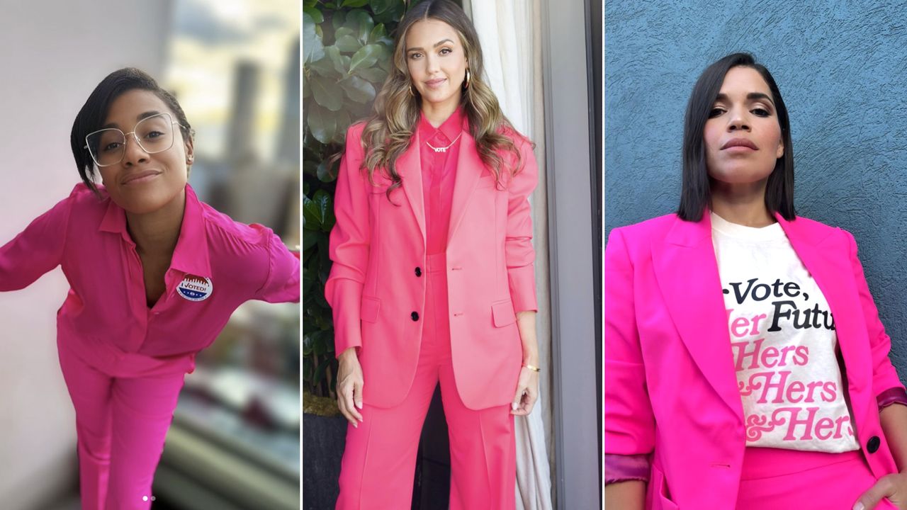 Ariana DeBose, Jessica Alba, and America Ferrera wearing pink suits for argent