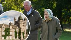 A roundel showing Balmoral Castle layered over a picture of King Charles and Queen Elizabeth II walking to the Balmoral Cricket Pavilion