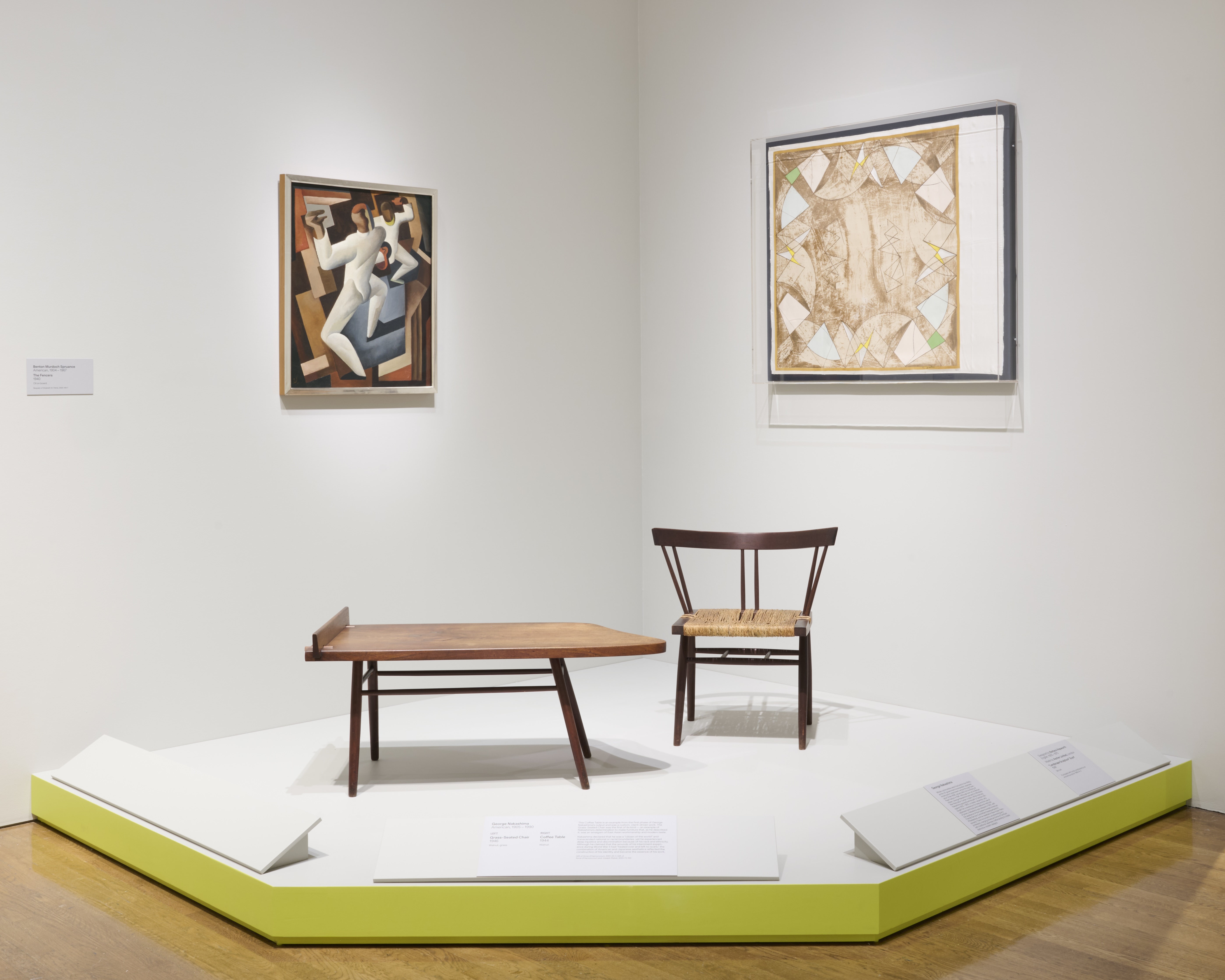wooden furniture in white exhibition space