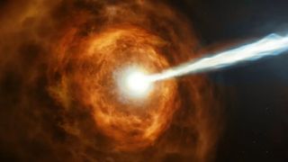 gamma-ray burst illustration showing a bright white jet of material emitted from the center of a swirling orange and brown cloud of material.