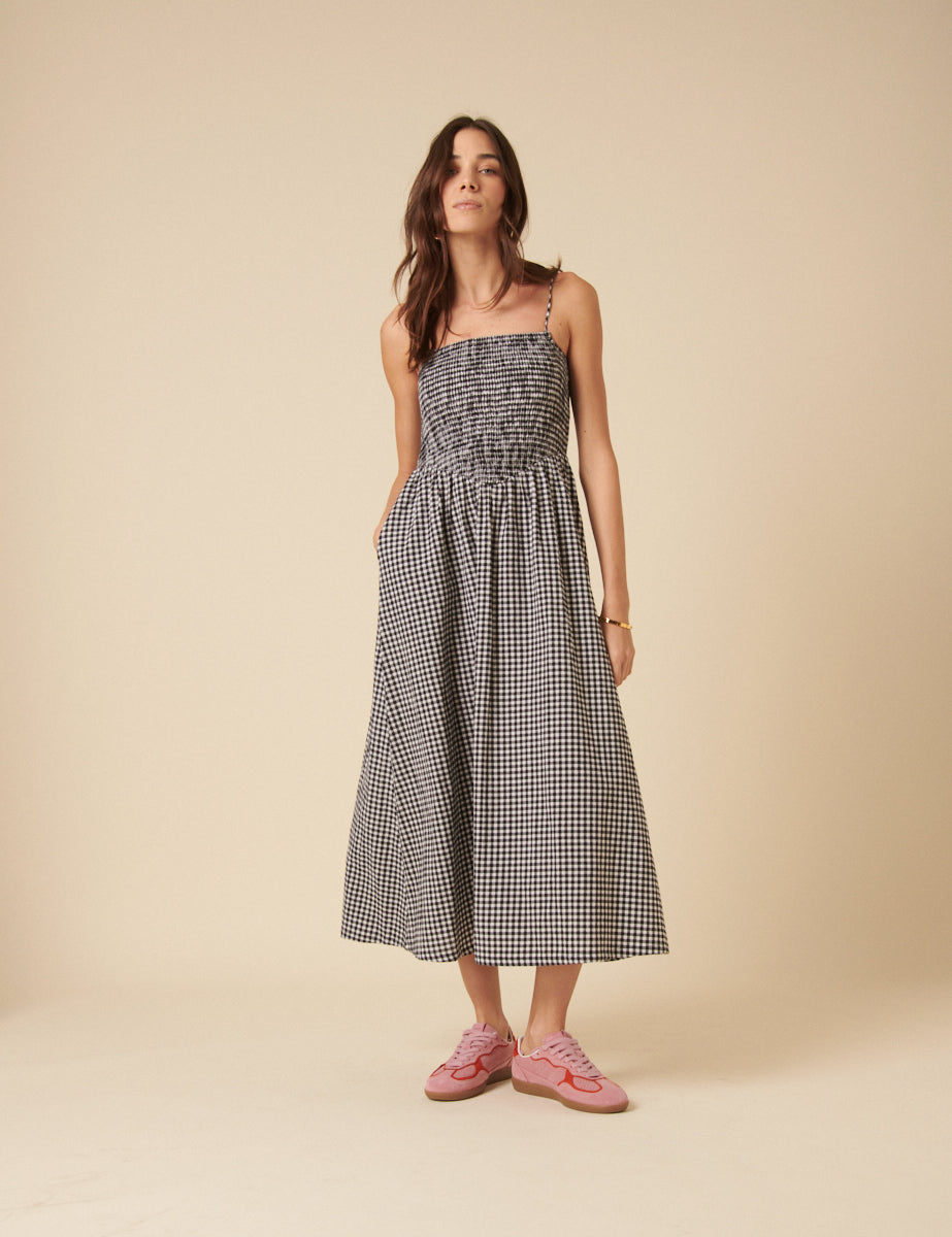Black Gingham Ruched Imogen Midi Dress