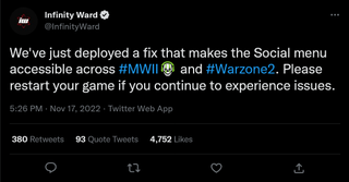 Call of Duty: Modern Warfare 2 friends list bug tweet