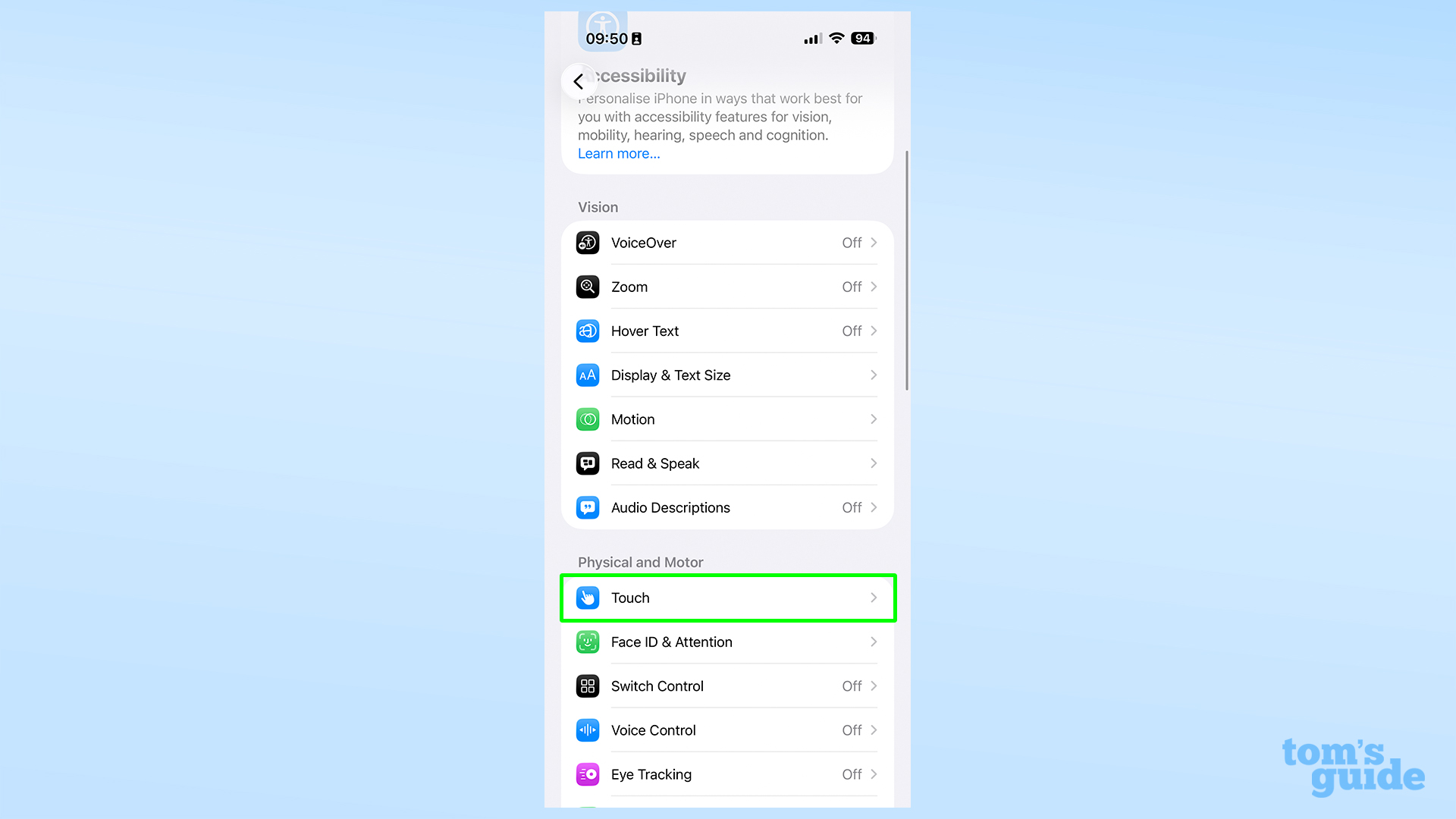 iOS 26.1 Accessibility settings, with Touch highlighted