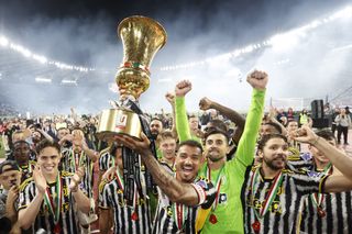 Juventus players celebrate their Coppa Italia final win over Atalanta in May 2024.