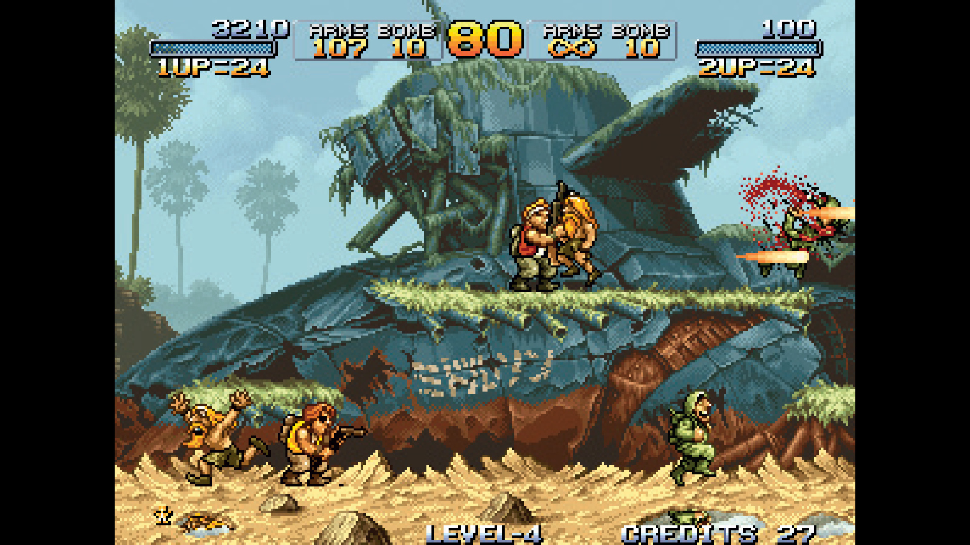 Players fight through a beach near a destroyed submarine in Metal Slug, from Retro Gamer #98