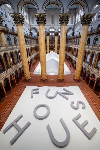 An arial view of the museum with the focus of the view looking down upon letters that spell out FUN HOUSE.