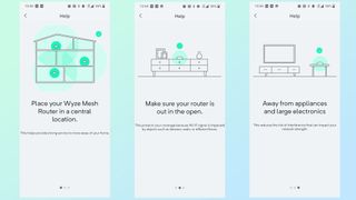 Screenshots showing the mesh network setup tips in the Wyze app