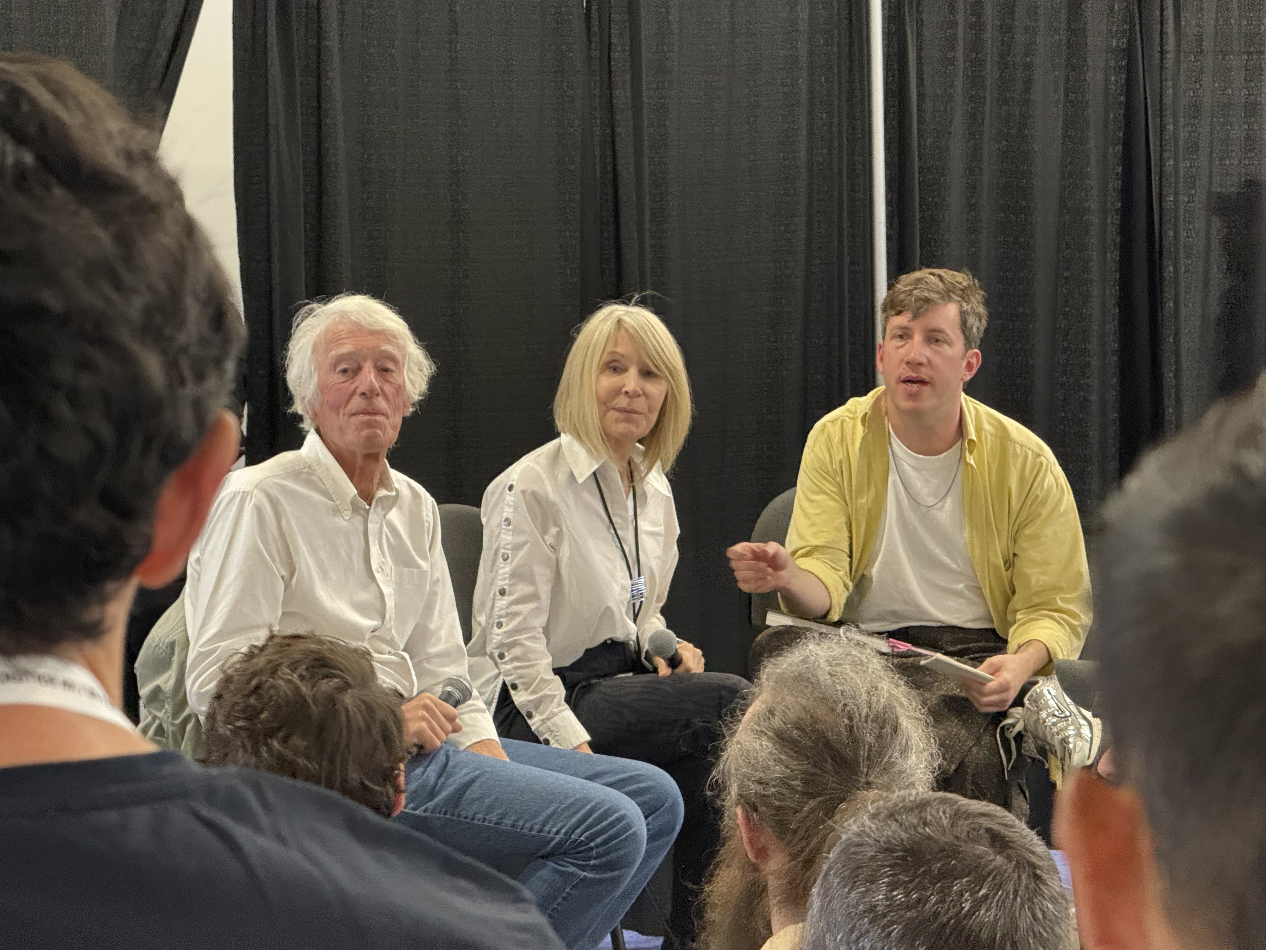 Views from the NAB Show 2026 show floor including wrestlers, Shure audio, a mock production set, and Roger and James Deakins.