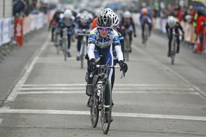 Tiffany Cromwell (Orica AIS) leads in a group to the line for fifth