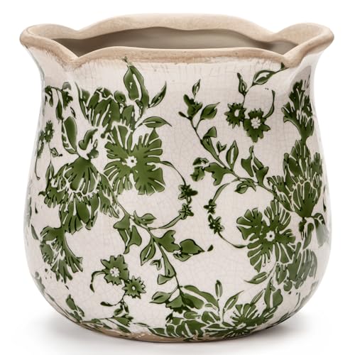 Behen Bahen Vintage Ceramic Planter Pot With Drainage Holes, Green Floral Design, 6.11 Inch, Distressed Tuscan Style, Indoor Plant Pot and Vase (green)