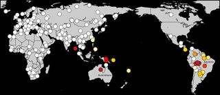 Scientists have found deep genetic links between Amazonian natives in South America and Australasians (warmer colors indicate the strongest affinities).