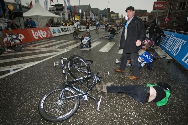 Racers and a photographer went down in the post-finish crash