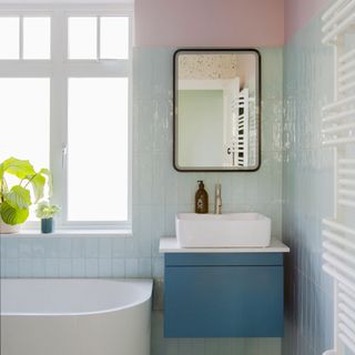 bathroom trends, pink, pale green and blue bathroom, iridescent tiles,