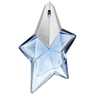 Mugler Angel Eau De Parfum in light blue and silver star-shaped bottle on white background 