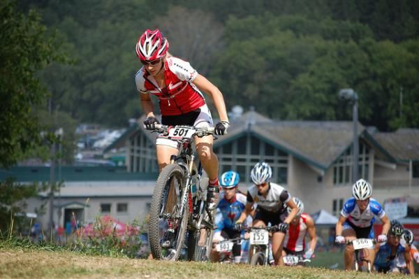 Abby Strigel (Treak Stores of Madison) leads the eite women up the first climb.
