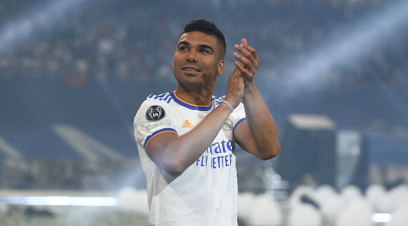 Casemiro appluads the Real Madrid fans during the club&#039;s Champions League celebrations at the Santiago Bernabeu in May.