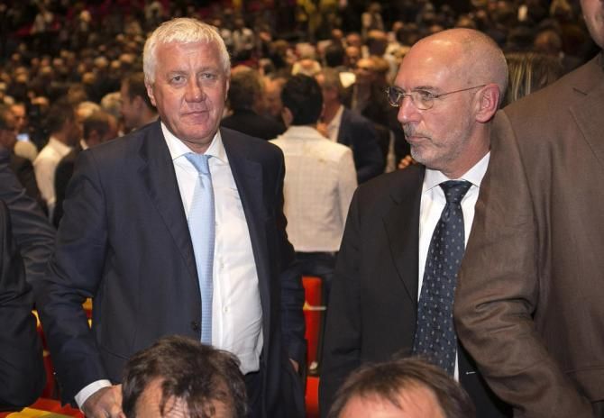 Patrick Lefevere and Roberto Damiani in the Palais des Congres for the presentation of the 2014 Tour de France route