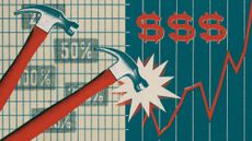 Illustrative collage of hammers hitting a rising chart