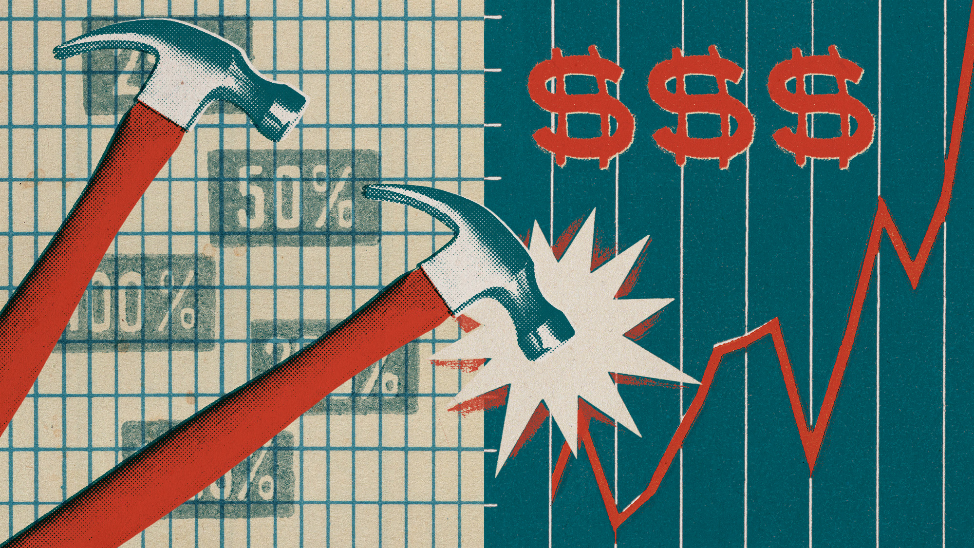 Illustrative collage of hammers hitting a rising chart