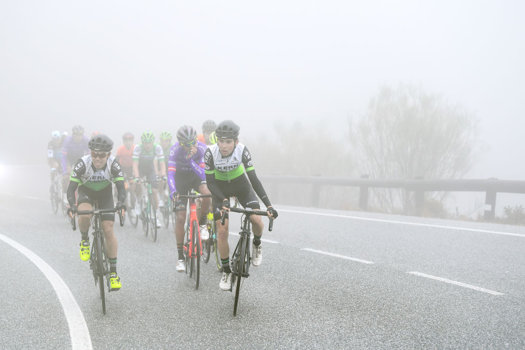 GRAZALEMA SPAIN FEBRUARY 19 Ivan Moreno of Spain and Team Kern Pharma Willie Smit of South Africa Team BurgosBH Fog Jaime Castrillo of Spain and Team Kern Pharma during the 66th Vuelta a Andaluca Ruta del Sol 2020 Stage 1 a 1738km stage from Alhaurn de la Torre to Grazalema 911m VCANDALUCIA UCIProSeries on February 19 2020 in Grazalema Spain Photo by David RamosGetty Images