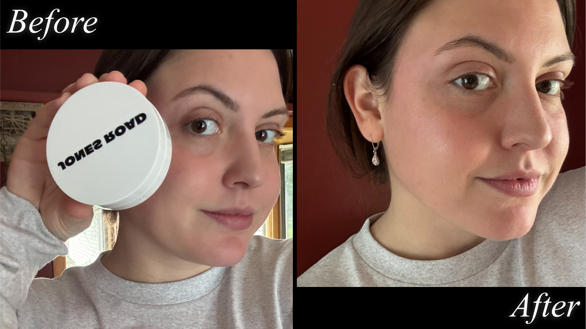 Contributing Beauty Writer Sophia Vilensky before and after applying Jones Road Miracle Balm.