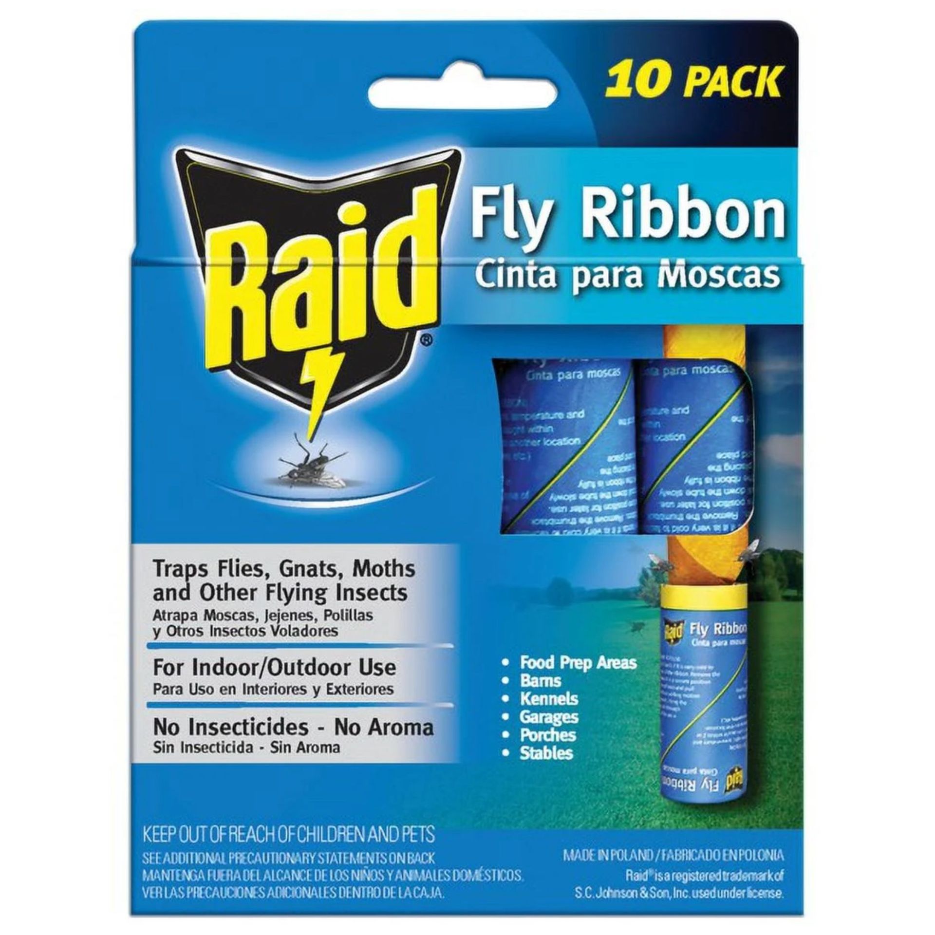 A blue cardboard packet of Raid Fly Ribbon