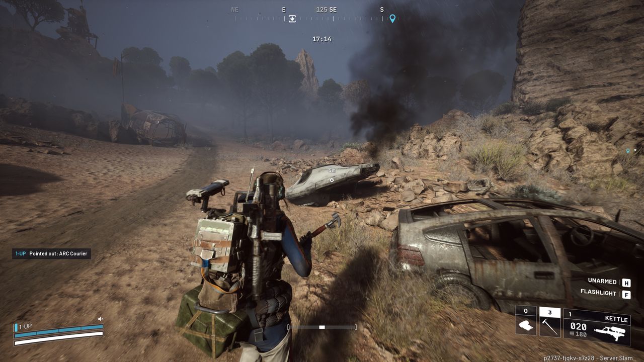 Arc Raiders ARC Probes and Couriers: A player walking up to an ARC Courier on the side of a dusty road, next to a rusted car.