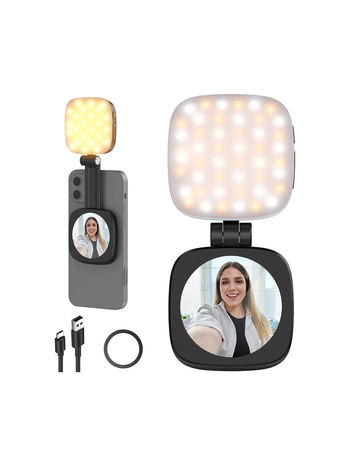 Neewer Basics Magnetic Selfie Light Compatible With Magsafe Iphone,cri95 700lx/0.3m Folding Led Phone Fill Ring Lighting With Mirror for Zoom Makeup Photography Recording Video Conference, Black Nl48b