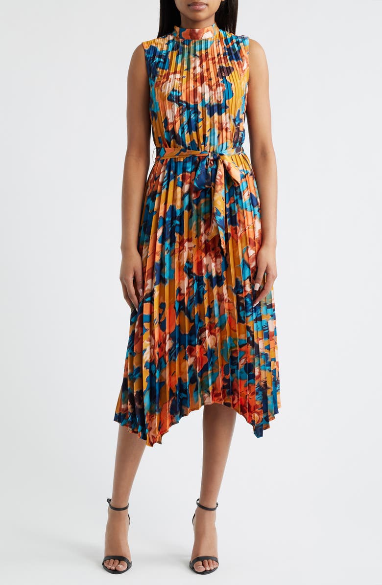 Abstract Print Pleated Belted Dress