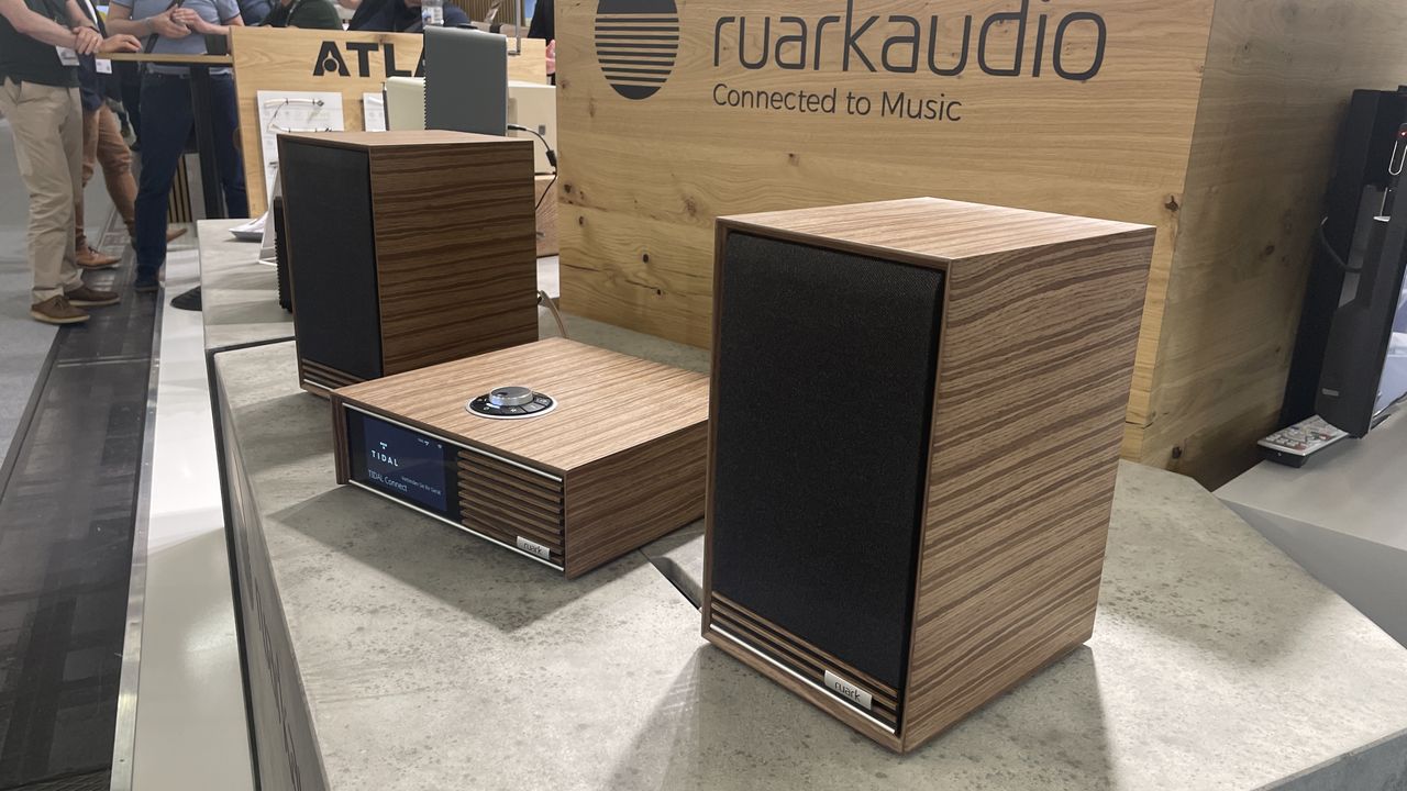 Ruark Audio R610 and Sabre-R bookshelf speakers on show stand display