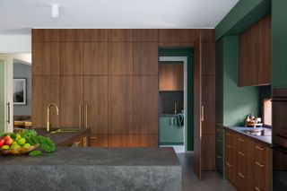 a modern kitchen wth a door hidden leading to a laundry room