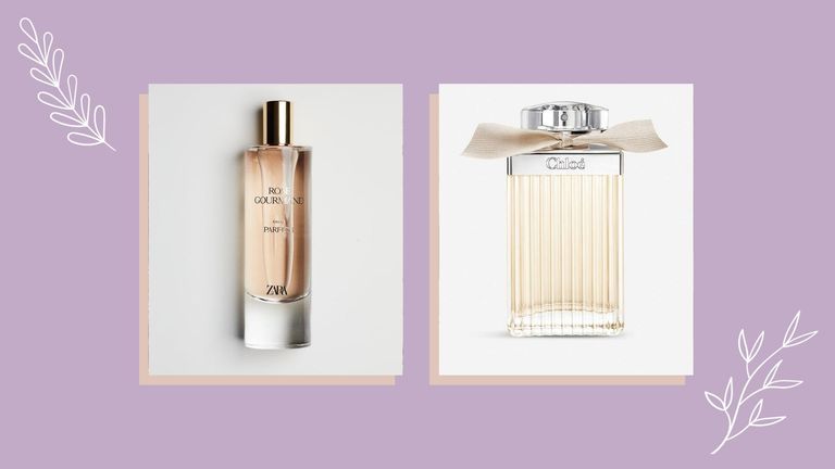 A collage of Chloé perfume and zara perfume on a lilac backdrop