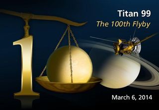 NASA's Cassini spacecraft exploring Saturn and its moon has reached a major milestone, the 100th flyby of Titan, largest Saturnian moon. This image is a special logo made to commemorate the March 6, 2014 mission milestone at Saturn.