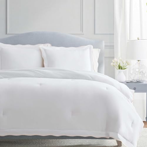 Martha Stewart - Queen Duvet Cover Set, Crisp &amp;amp; Smooth Bedding With a Cotton Percale Lightweight Feel, Reversible 3 Piece Bed Set With Matching Pillowcases (simple Scallop Pink)