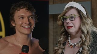 Side by side: Ilya shirtless during interviews in Heated Rivalry, Penelope looking worried with white headband and light green glasses in Criminal Minds Evolution Season 19