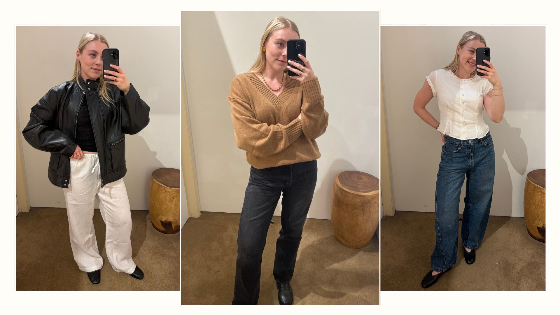 Woman wears leather jacket, linen trousers; cashmere jumper and jeans; white blouse and jeans 