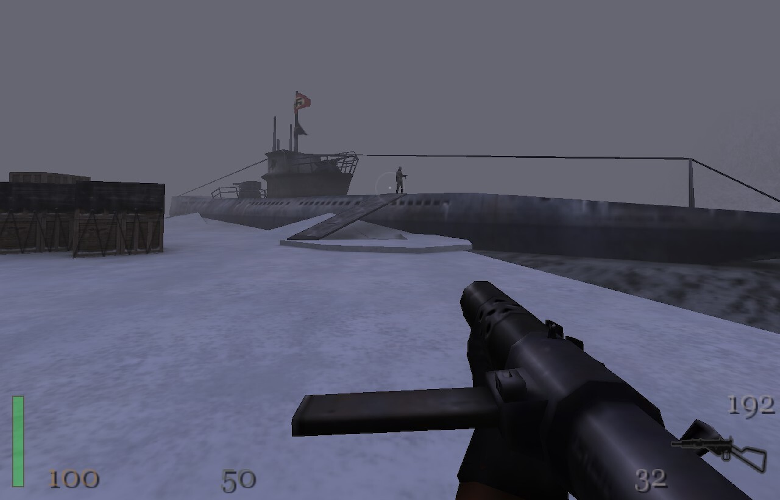 A Return to Castle Wolfenstein screenshot showing the Norway level and the submarine you board at the end.