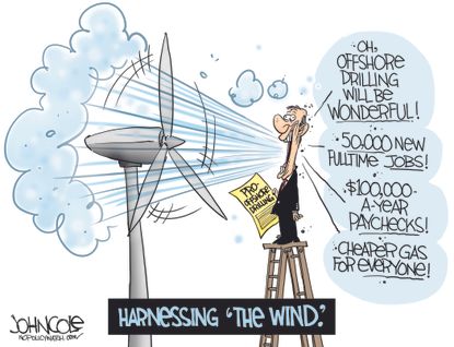 Political cartoon U.S. offshore drilling wind power economy jobs climate change