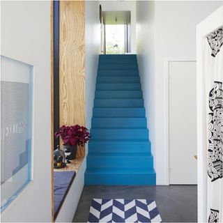 stairway with white wall and purple stairs